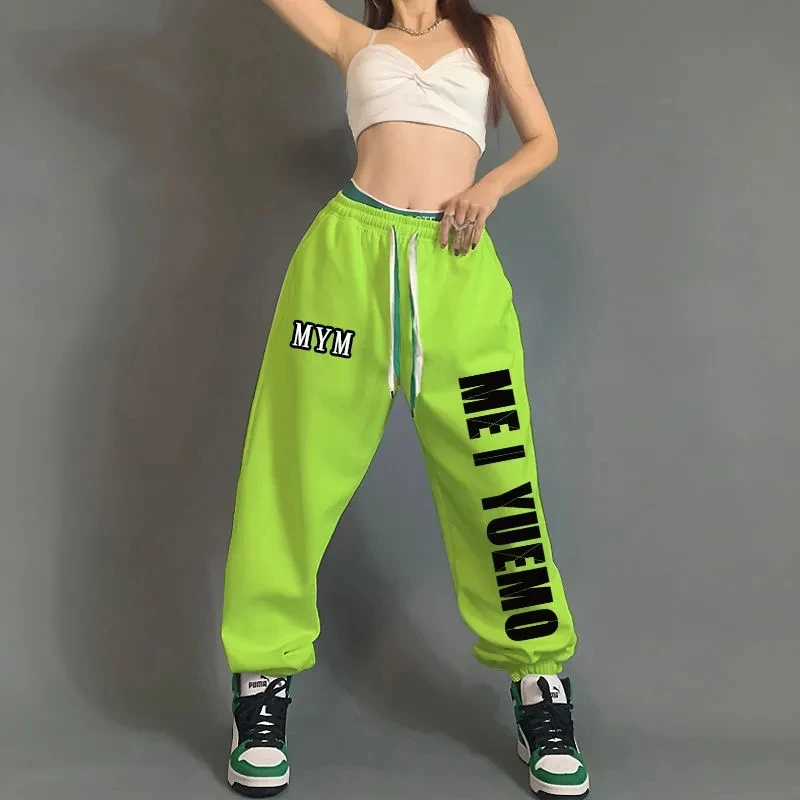 Hip Hop Letter Printed Y2k Baggy Pants Women High Streetwear Vintage Jazz Trousers High-Waist Drawstring Bunched Leg StreetPants