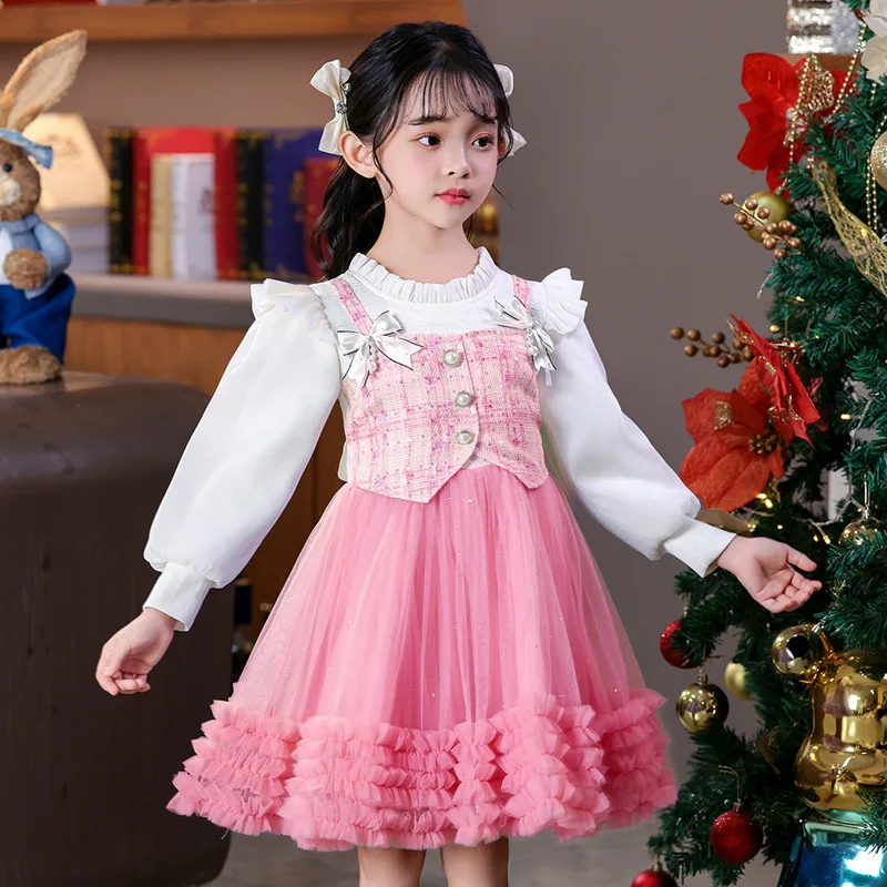 Young Girl Autumn Winter 2024 New Style Pink Casual Dress Birthday Party Dresses for Girls Purple Fluffy Dress 2-10 Years Old