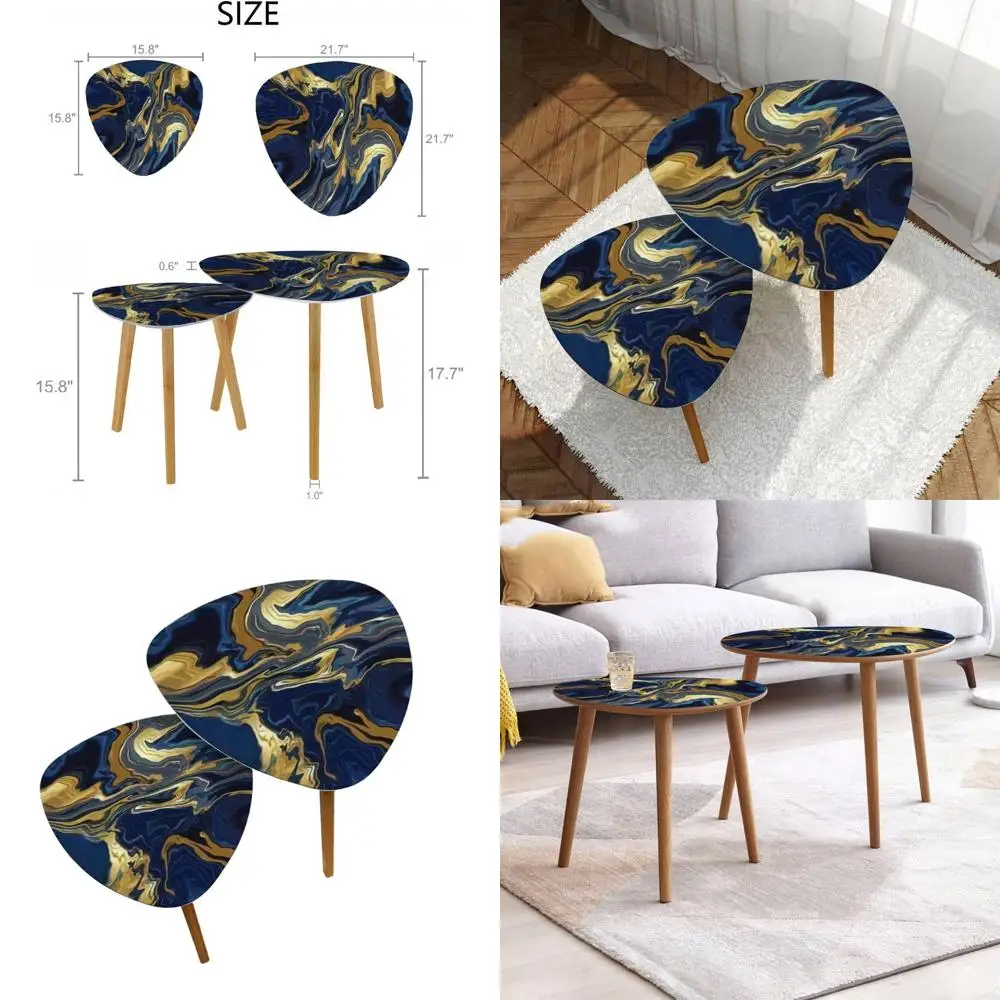 

Luxury Blue Marble Effect Gold Textured Modern Minimalist Coffee Table Set of 2 for Living & Bedroom