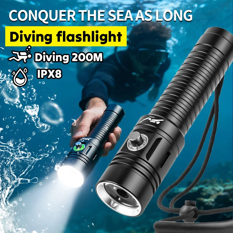 

Профессиональный подводный фонарь IPX8, водонепроницаемый встроенный аккумулятор для подводной охоты, ночного дайвинга, подводного охотничьего фонаря