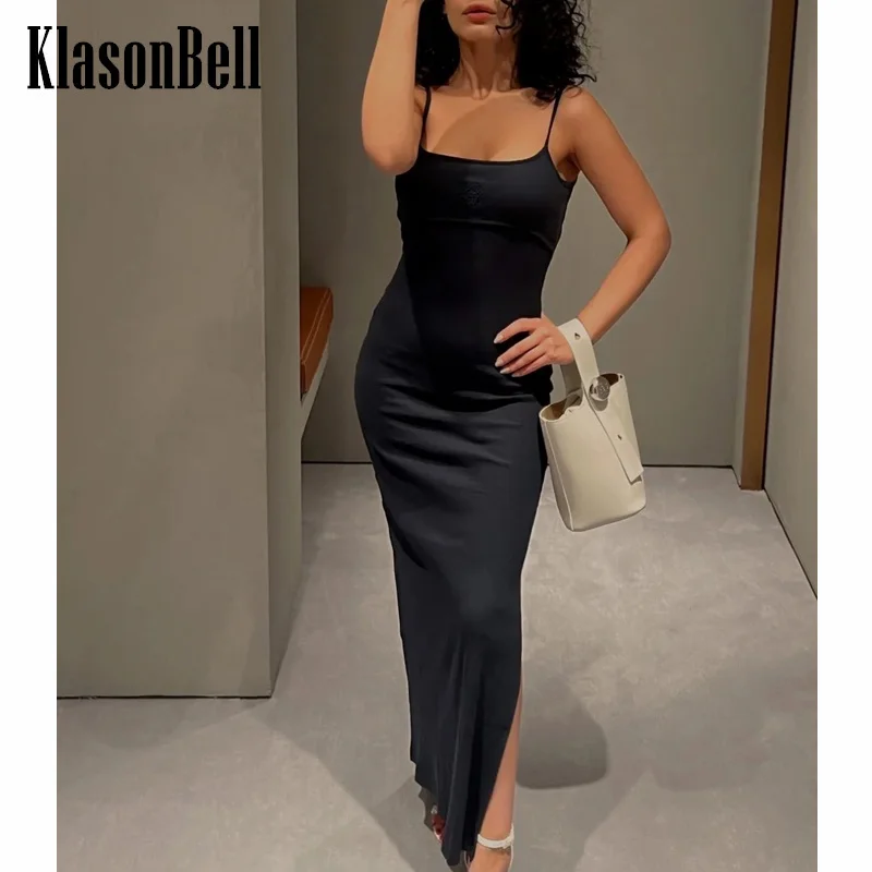 

7.22 KlasonBell Women Embroidery Letter Spliced Strapless Fake Two Design Suspender Dress Stretch Knit Hem Split Long Dress