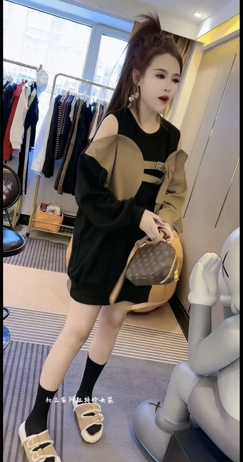 Sudaderas para mujer Y2K Ropa 2000S Unisexy Color-Block Boyfriend Manga larga Arte empalmado Marrón Amarillo Bolsillo diseñado Suave