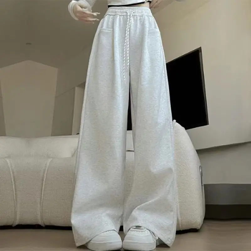 

Autumn Women Hip Hop Style Baggy High Waisted Long Pants 2025 Lady Versatile Streetwear Solid Color Drawstring Wide Leg Trousers