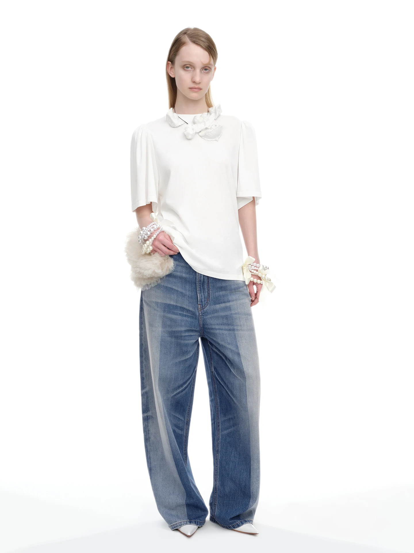 

Washed Gradient Mirror Jeans Straight Leg Natural Waist Cotton Button Pure Color Casual Non Deformable Wide Leg Ladies Jeans
