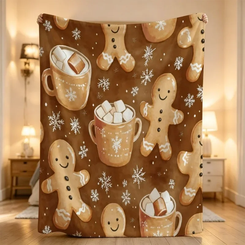 Gingerbread Cocoa Throw Blanket, Brown Hot Chocolate Marshmallow Print, Cozy Winter Christmas Plush for Couch Bed