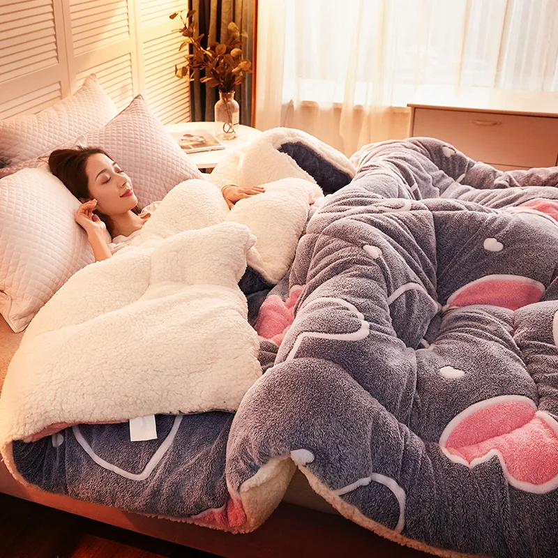 

Супер теплое одеяло из овечьей шерсти, зимнее утолщенное одеяло, теплое хлопковое двустороннее бархатное мягкое полноразмерное одеяло King Queen