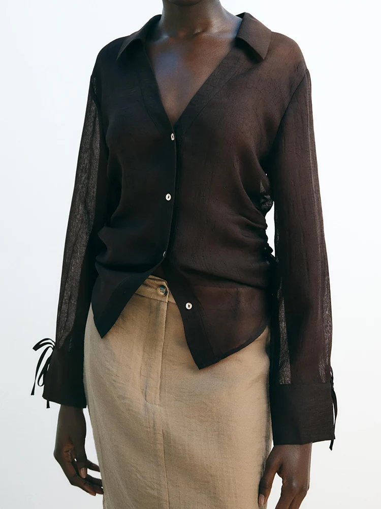 وصل حديثًا قميص نسائي مريح بأكمام طويلة، تصميم عصري متعدد الاستخدامات مع عقدة فراشة شفافة، أنيق للتنقل، خريف 2025 #3