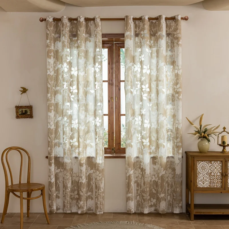 1 Stück Blattförmiger amerikanischer Landhaus-Vintage-Fenstervorhang, einfach aufzuhängen, einfache Heimdekoration, geeignet für Schlafzimmer, Wohnzimmer, Küche