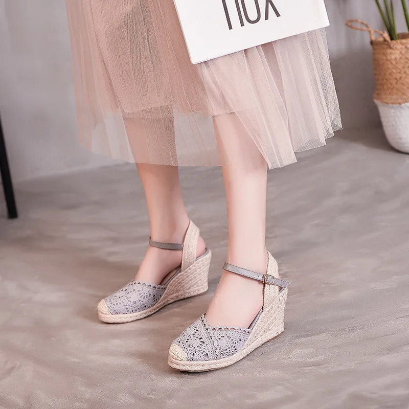 Graceful Women Lace Sandal Straw Bottom Shoes Platform Espadrilles Buckle Strap Close Toe Sandales