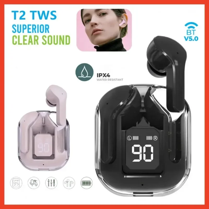 Tws T2 Wireless Bluetooth Headset Transparent ENC Power Digital Display Stereo Sound Earphones for All Smartphone