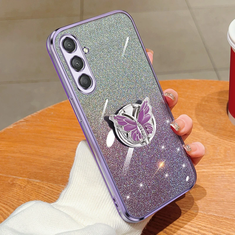 Butterfly Holder Bracket Glitter Plating Phone Case for Moto G60S G60 G30 G20 G10 G50 E13 E32 E22 E22i E20 E6S Stand Soft Cover