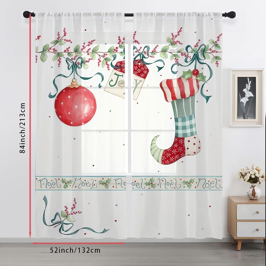 2PCS Bauble Stocking Sheer Curtains, Holly Berry Noel Christmas Print, Rod Pocket Window Drapes for Xmas Holiday Home Decor view 4