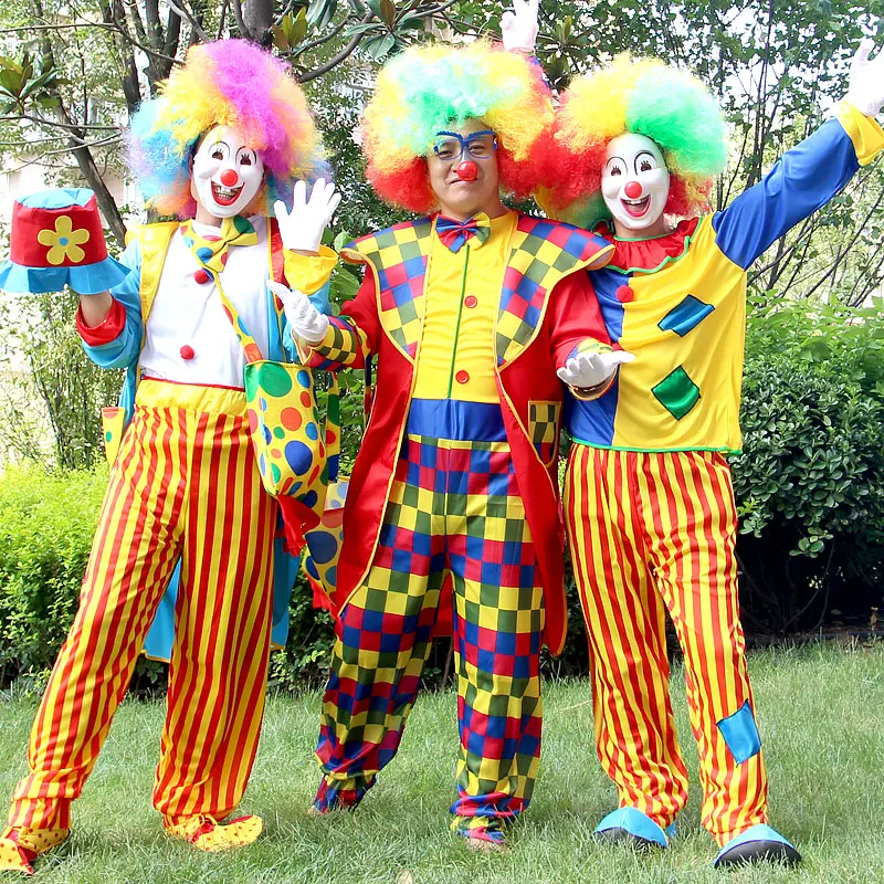 

New model Adult Men's Clown Cosplay Costume Halloween Magician Circus Clown Outfit Give a Wig Nose No Shoes Mask