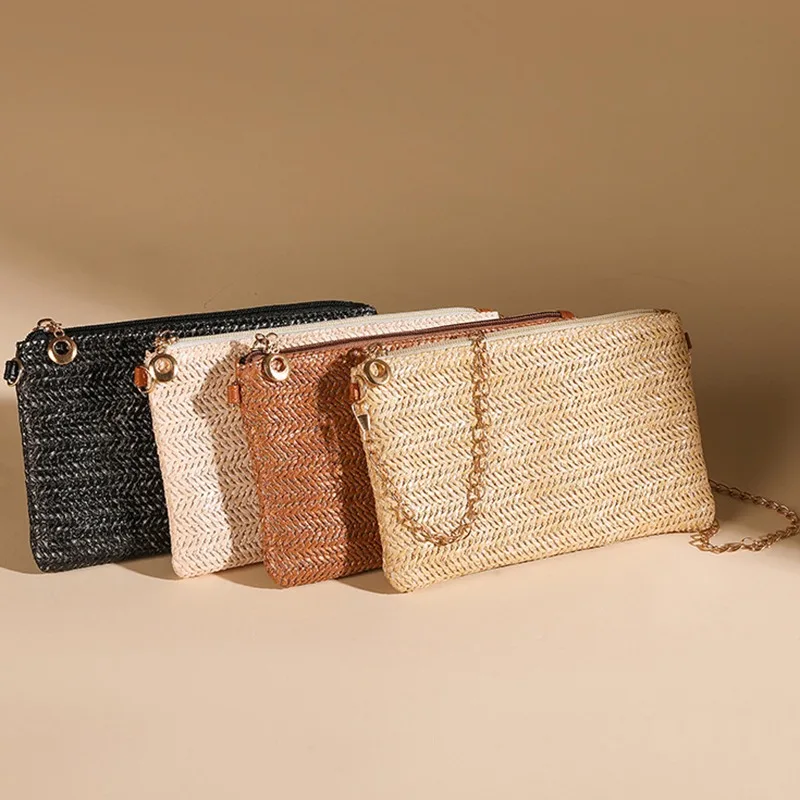 

Fashion 1/4Pcs Women's Straw Weaving Clutch Purses Chain Shoulder Crossbody Bag Simple Underarm Bag Beach Wallet Small Handbag