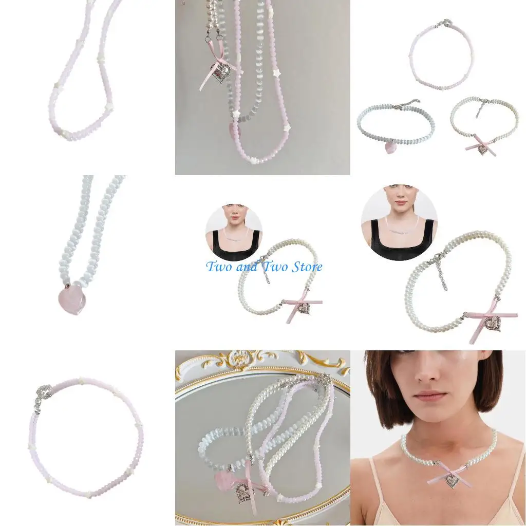 HX6F 優雅なスターシェルネックレス洗練されたちょう結びハートパール鎖骨チェーンスタイリッシュなピンククリスタルラブシェイプネックチェーン