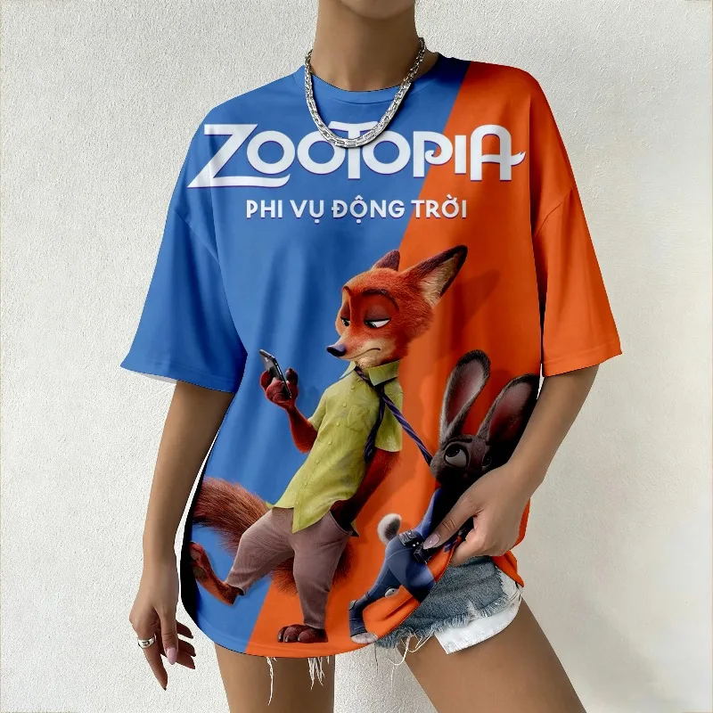 

Женская брендовая футболка большого размера Y2K на лето, свободная футболка с принтом «Зверополис» Ника и Джуди, уличная одежда, повседневная модная женская одежда