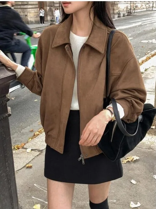 

Retro Korean Sle Suede Jaet Women's ort Coat Long Sve Waist-Cinching Faionable Top High-End Feel Small Size Friendly