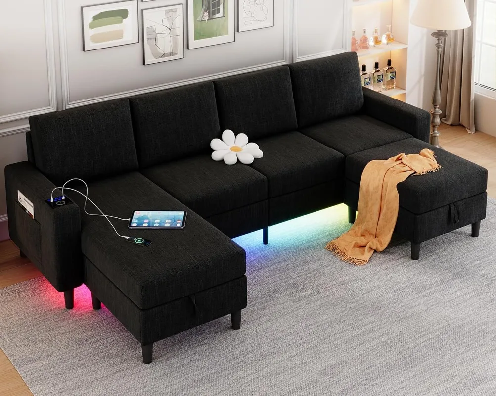 

Sectional Couches for Living Room, 4 Seat Linen Sectional Sofa with Reversible Chaise Lounge/Storage Ottoman, U Shaped Couch wit