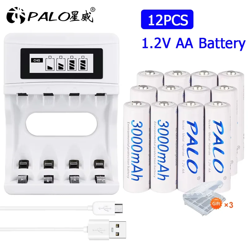 

PALO 1.2V AA Rechargeable Batteries 3000mAh aa Ni-MH 100% Original High Capacity Current AA Battery +4 Slots Fast Smart Intellig