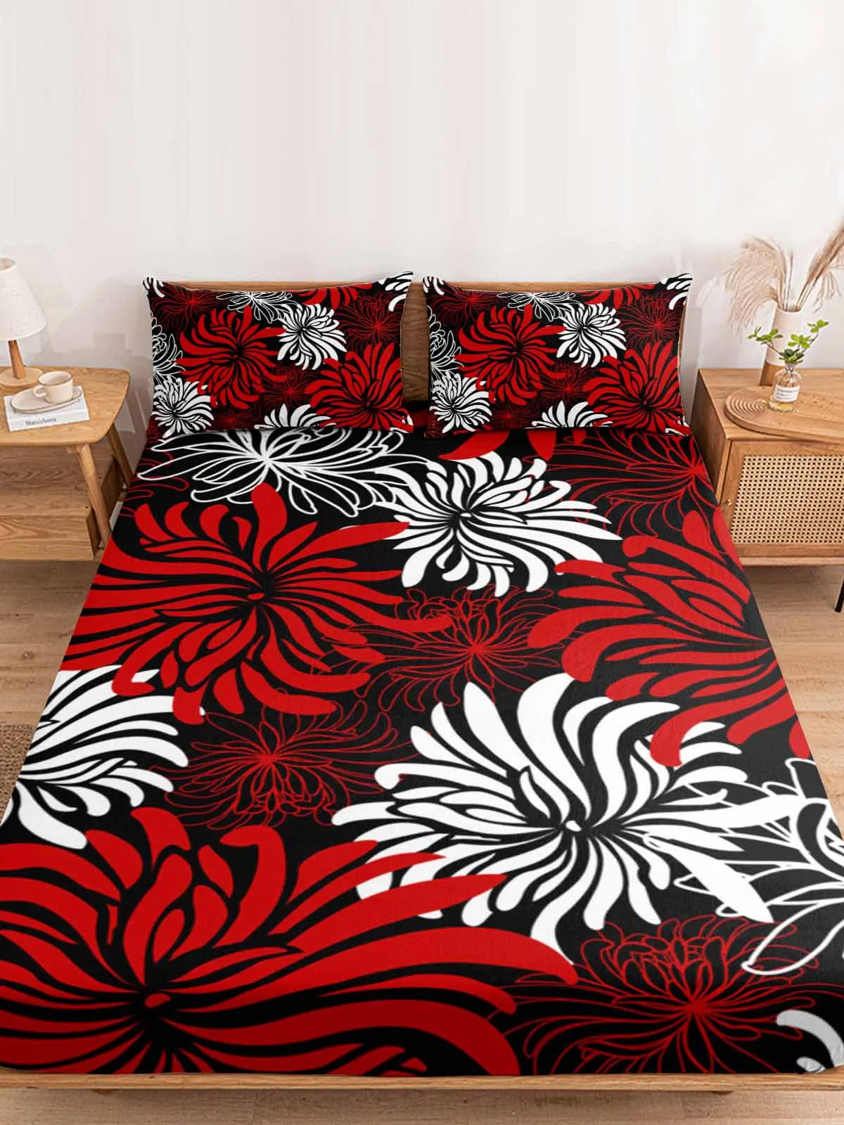 Red Flower Chrysanthemum Fitted Bed Sheet Cover Elastic Band Anti-slip Mattress Protector for Single Double King