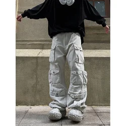 Street Popular White Multi-pocket Overalls Men's Harajuku Style Loose Casual Trousers Straight Mopping Pants Autumn New 2022