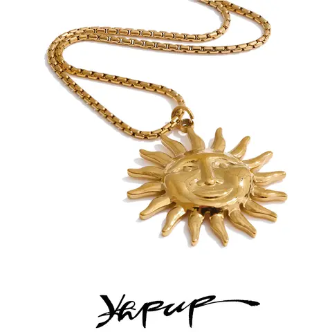 Yhpup 핫 스타일 PVC 선 페이스 펜던트 목걸이, 18K 골드 컬러, 방수 스테인레스 스틸, 인기 쥬얼리, 도매