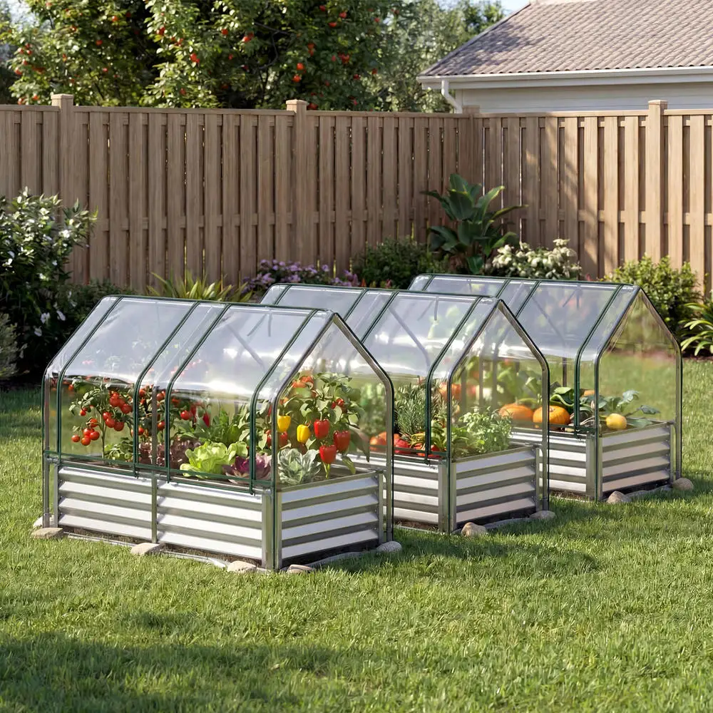 Small Outdoor Greenhouse Kit, Galvanized Metal Raised Garden Bed With PVC Thermal Cover, Dual Roll-Up Ventilation Doors, For Patio Backyard Vegetable Flower Growing, Silver, 4x2x3 Ft