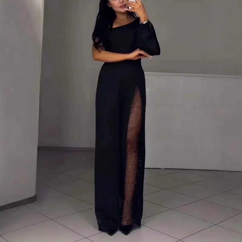 

Женский осенне-зимний модный комбинезон, сексуальный дизайн с наклонными плечами и высоким разрезом