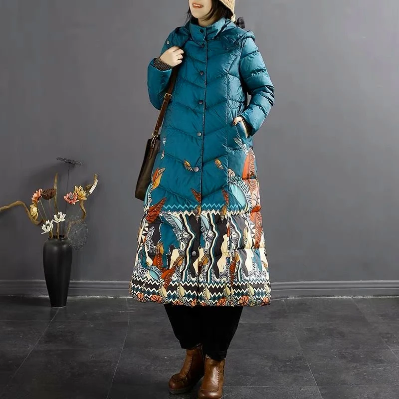 New 2024 Winter Clothing Female Chinese Style Printing Mid-length Down Jacket White Duck Down Hooded Single-breasted Down Jacket