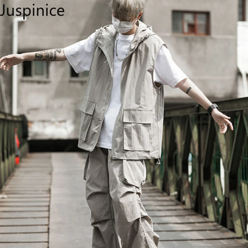 

Summer Hooded Vest Multi-Pocket Trousers Suit Couple Loose Casual High Street Personalized Sleeveless Jacket Pants Male Clothes
