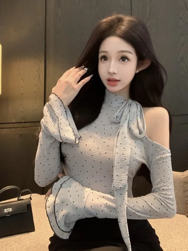 

Chic Korean Style Polka Dot Bow Tie Shoulder Bared Flared Sleeve Base Shirt Sexy Half High Collar Women's Long Sleeve Silk Top