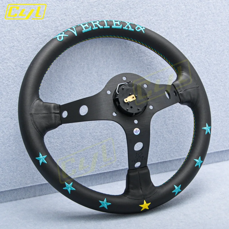 JDM Vertex 7 Star Leather Steering Wheel 13inch Deep Dish Racing Drifting Sports Steering Wheel