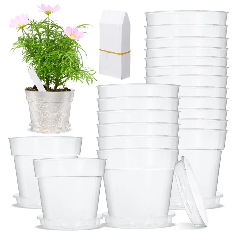 

10 Pcs 9 Inch Clear Nursery Pots Include 10 Saucer and 100 Plant Labels Set Transparent Plastic Plant Pot with Drainage Hole Cle