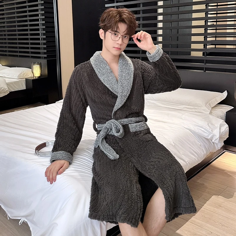 2026 Winter Long Sleeve Thick Warm Flannel Kimono Robes for Men Loose Coral Velvet Sleepwear Bathrobe Male Homewear Home Clothes