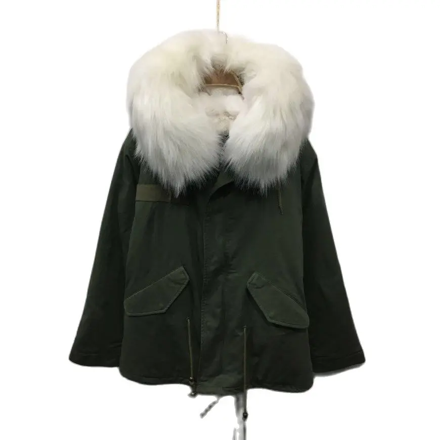 

White Faux Fur Parka Short Style For Women Winter Casual Female Overcoat With White Faux Fur Collar