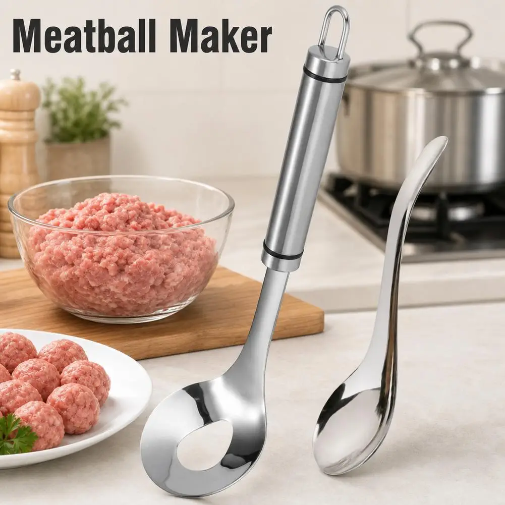 Stainless Steel Croquettes Meatball Spoon Mold Non-stick with Round Hole Meatball Maker Spoon Hangable Meat Press Tool kits