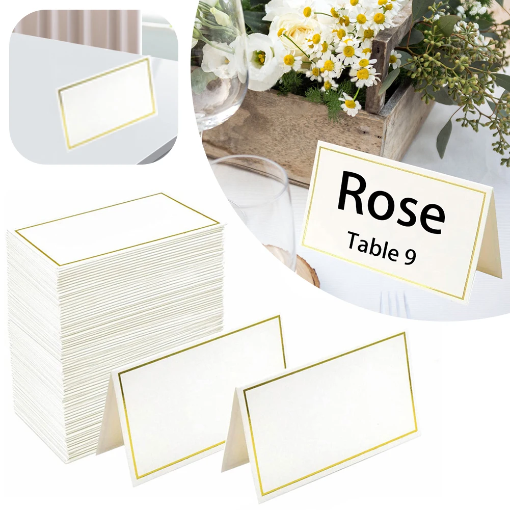 50Pcs Blank Tent Name Cards with Foil Border Tent Place Cards 4 X 3.3 Inch Small Table Tent Cards for Reserved Seating