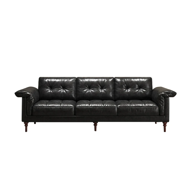 French Style Modern Solid Wood Genuine Leather Sectional Sofa Set Three-Seater Living Room 2024 New Model Black High-End