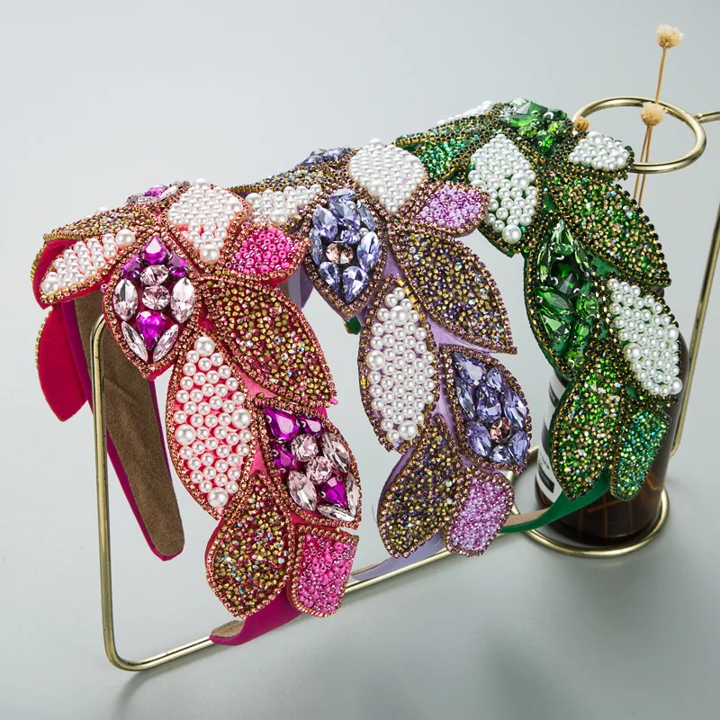 

Повязка на голову Heming с ветрозащитными стразами, жемчугом и листьями в стиле барокко, женская, увеличенная, широкая, для танцев, экстравагантные аксессуары для волос