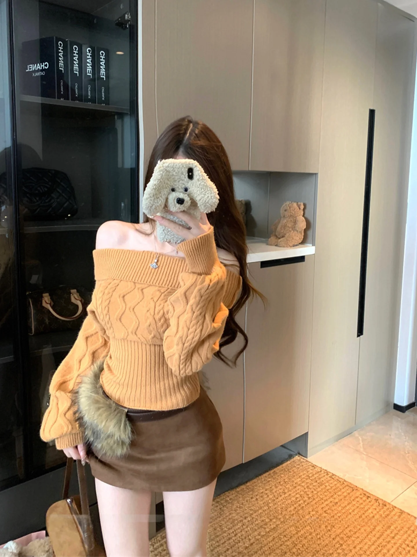 

Thiened Long Sve вязаный свитер на одно плечо, женский осенне-зимний топ с утягивающим дизайном на талии, дизайн Sense Elely