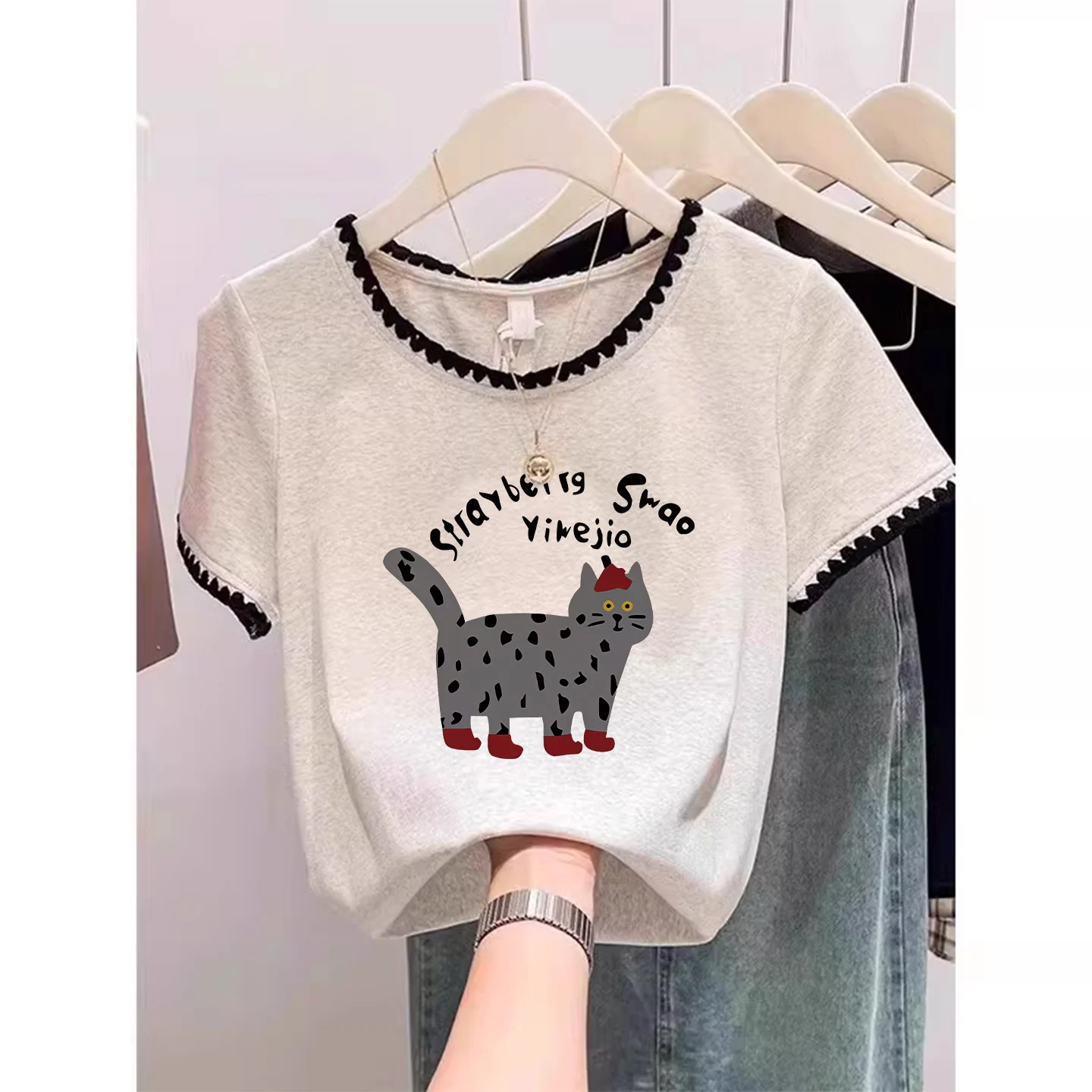 Summer 2026 Women's Slim Fit Short Sleeve T-Shirt Pure Cotton Retro American Color Block Light Beige Commute Style Creative P...