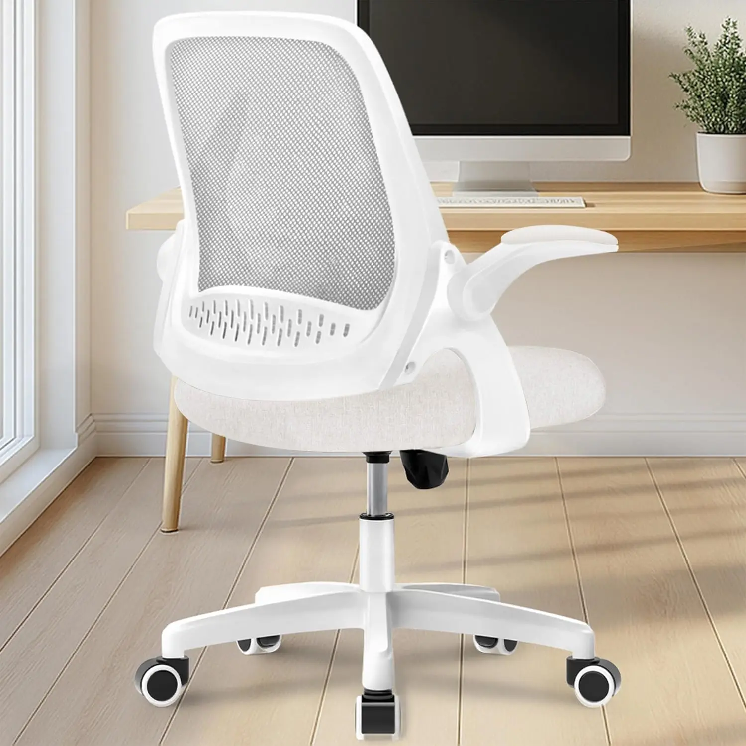 

Ergonomic Office Gaming Chair with Adjustable Height, Lumbar Support, Flip-up Arms, and Swivel Wheels for Home or Office (Ivory)