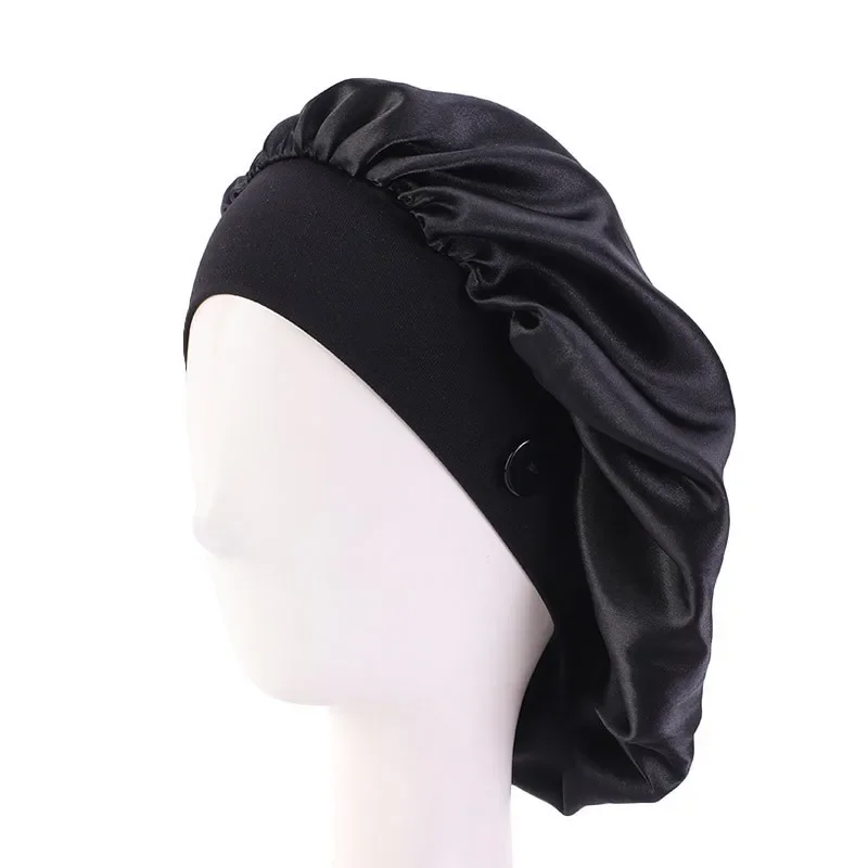 Women Satin Sleep Night Cap With Button Head Cover Bonnet Wash Hat African Hair Care Turban Headcover Beanie Bandana