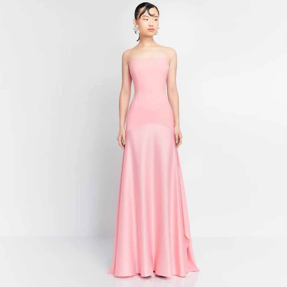 فساتين سهرة رسمية بدون حمالات من الساتان والجيرسي غمد/عمود وردي بدون حمالات مكشكش وكشكشة مقسمة فساتين لحضور الحفلات الموسيقية للسيدات #1