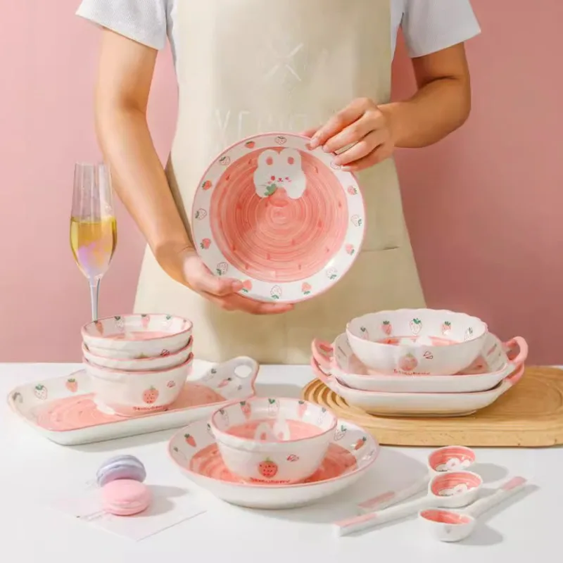 

Underglaze Color Ceramic Bowl Household High Value Eating Rice Bowl Strawberry Rabbit Bowl Dish Dish Tableware Set