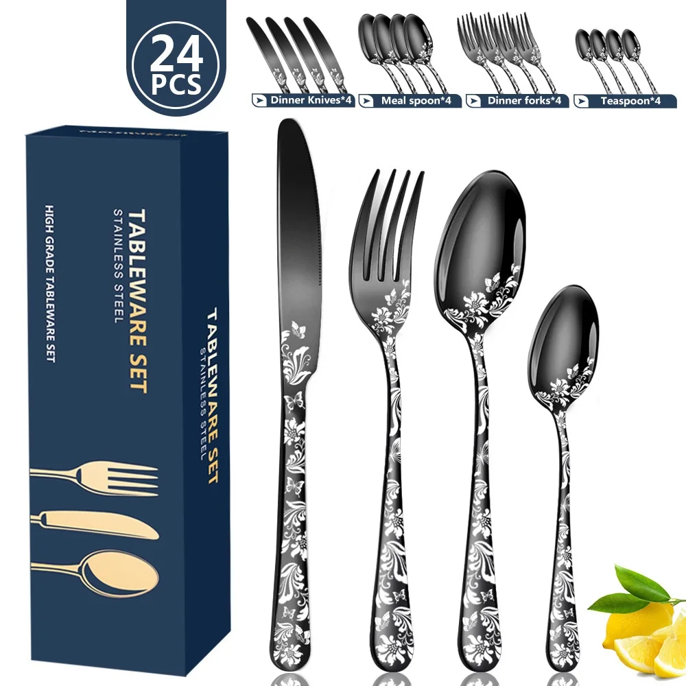 

24 Piece Flower Pattern Stainless Steel Tablware 4 Combination Set Gold Silver Steak Knife Fork Spoon Dinner Cutlery Gold Set