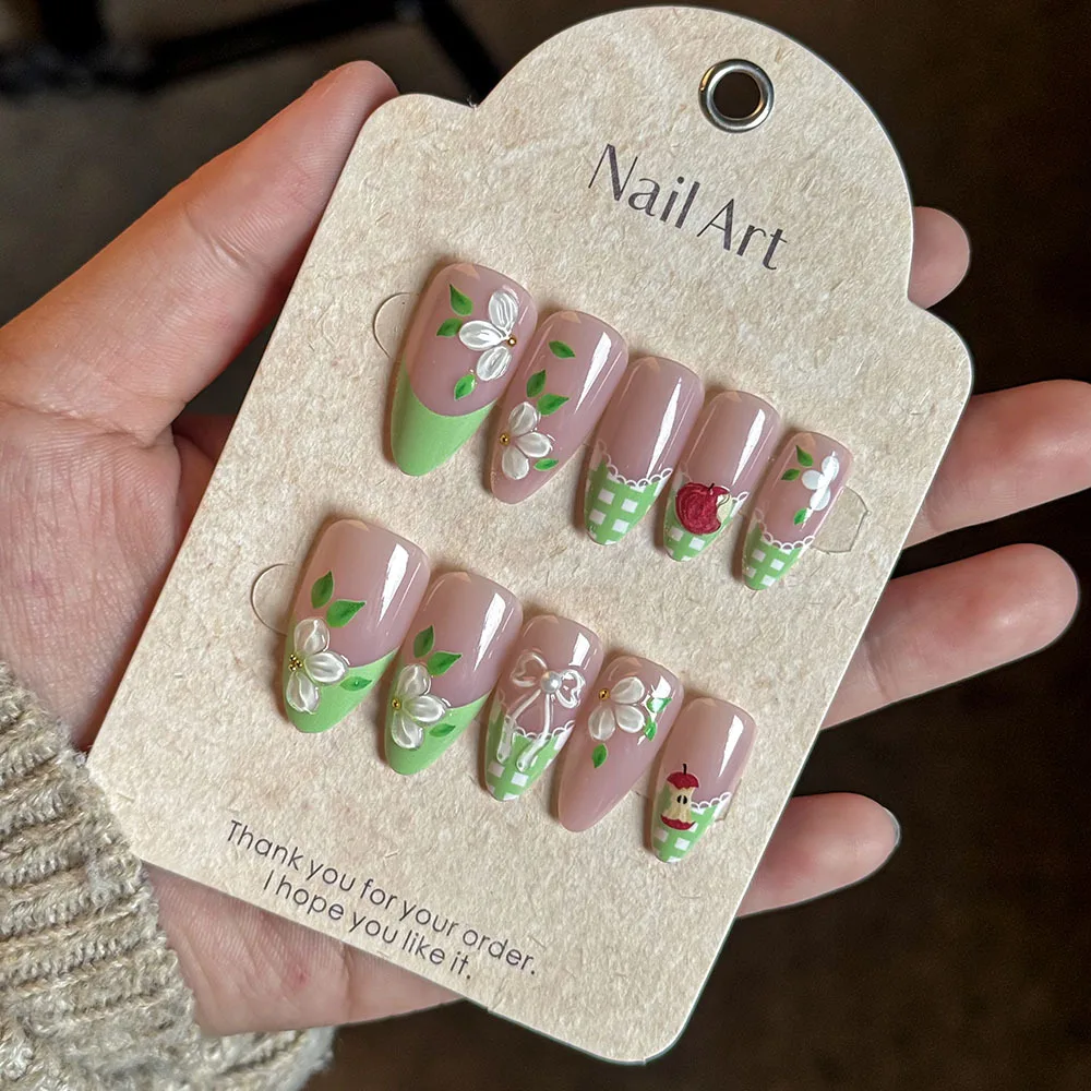 24PCS Pink Green Almond Fake Nails 3D Flower Apple Leaf Pearl Bow Decor Press on Nails Fruit Floral Style Reusable False Nails