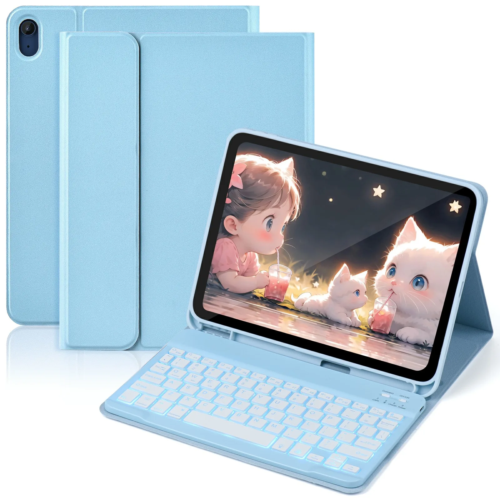 SK-1099D For iPad (2025) / 10.9 (2022) Tablet Case Leather Cover with BT Keyboard - Sky Blue