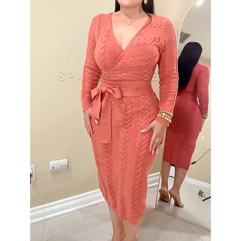 Vestido feminino de malha texturizada com decote em V profundo, manga comprida, cintura justa, comprimento midi, casual, elegante, outono inverno, para uso diário