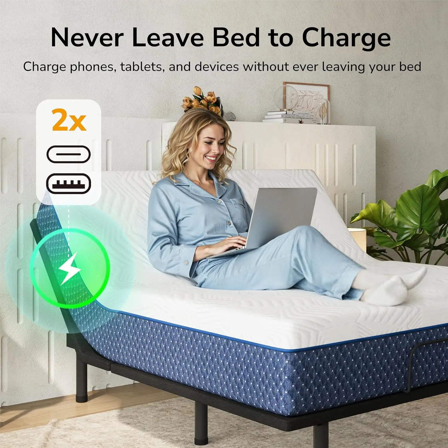 Adjustable Bed Frame with Head and Foot Incline,USB Ports&Night light,3 Height-Adjustable Legs,5 Min Easy Assembly